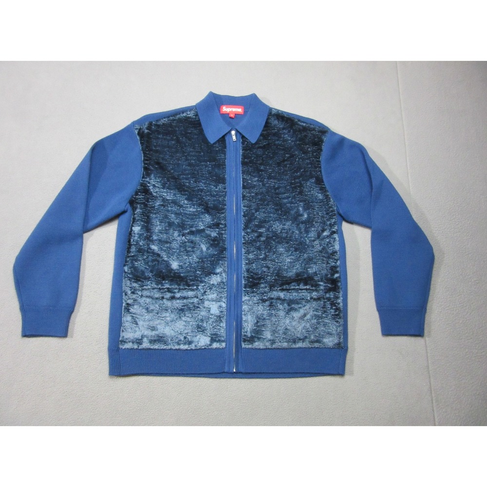 Supreme Cardigan Mens Small Blue Faux Fur Redaelli Merino Wool Blend Full Zip